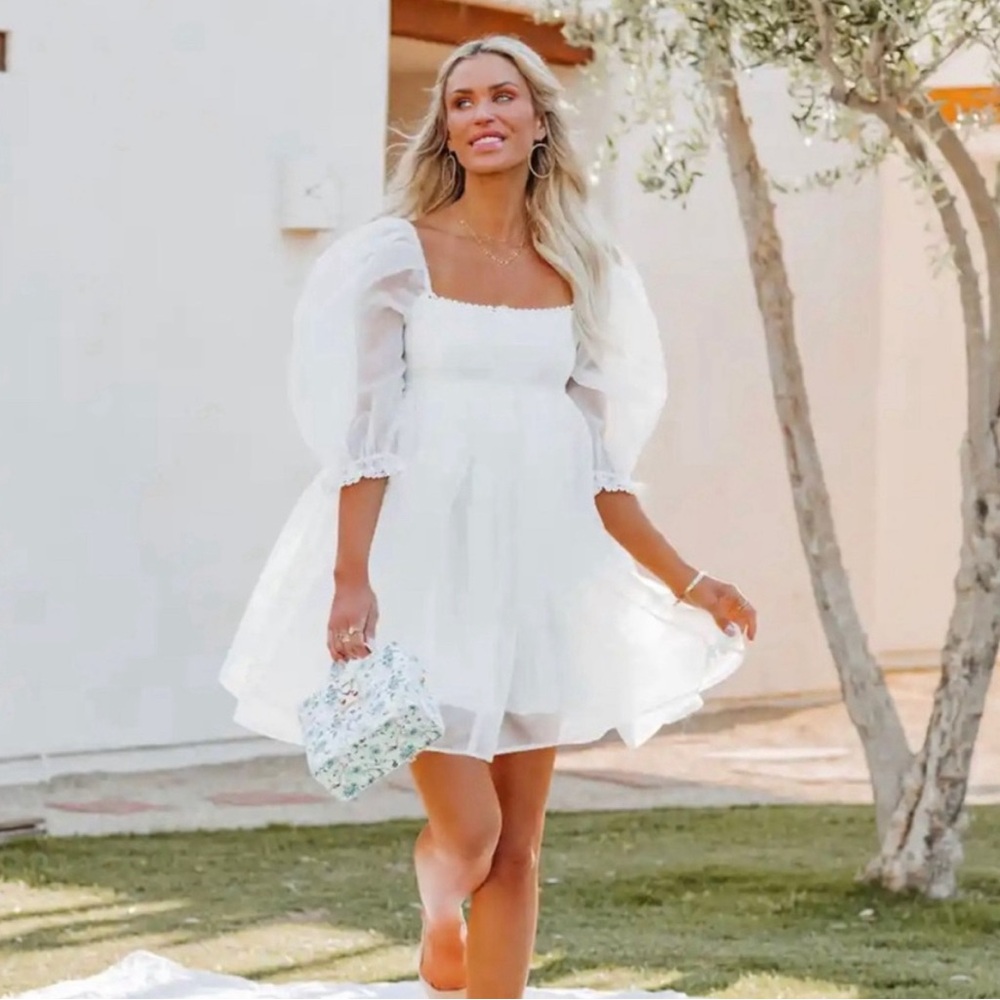 Vici White Lovers Puff Sleeves Tulle Babydoll Bridal Party Mini Dress